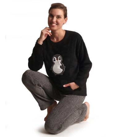 Pyjama lange broek dames pinguin fleece