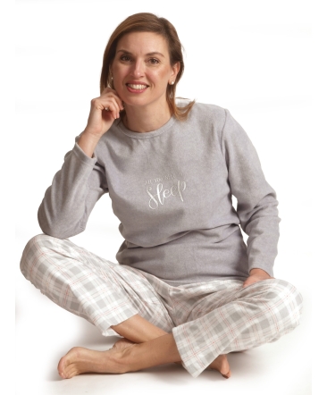 Pyjama lange mouwen dames all you need is sleep fleece - flanel cocodream 694513 lichtgrijs
