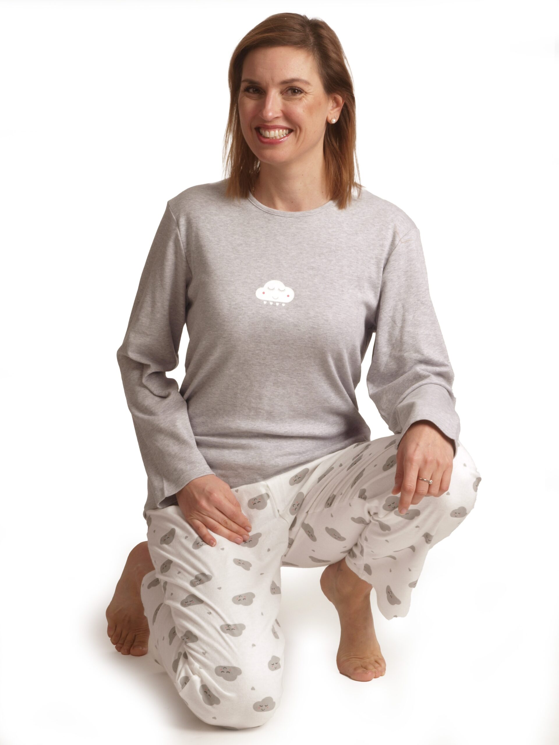 Pyjama lange mouwen dames wolkjes interlock - flanel Cocodream 644512 grijs