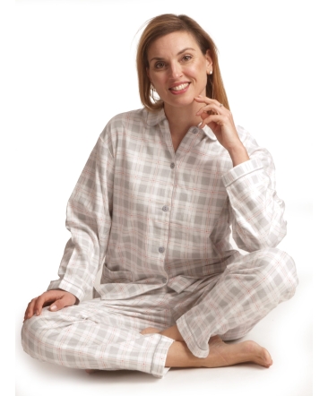 Pyjama lange mouwen dames grid knopen flanel Cocodream 641513 parelgrijs