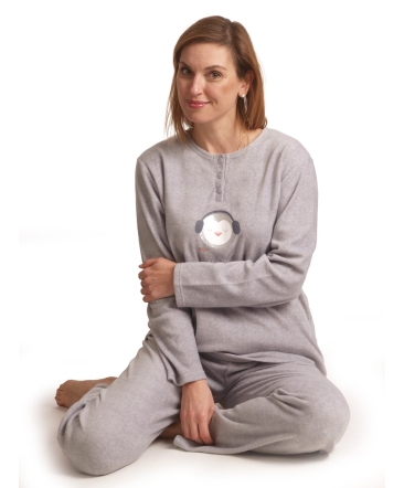 Pyjama lange mouwen dames pinguin cool fleece Cocodream 691503 grijs